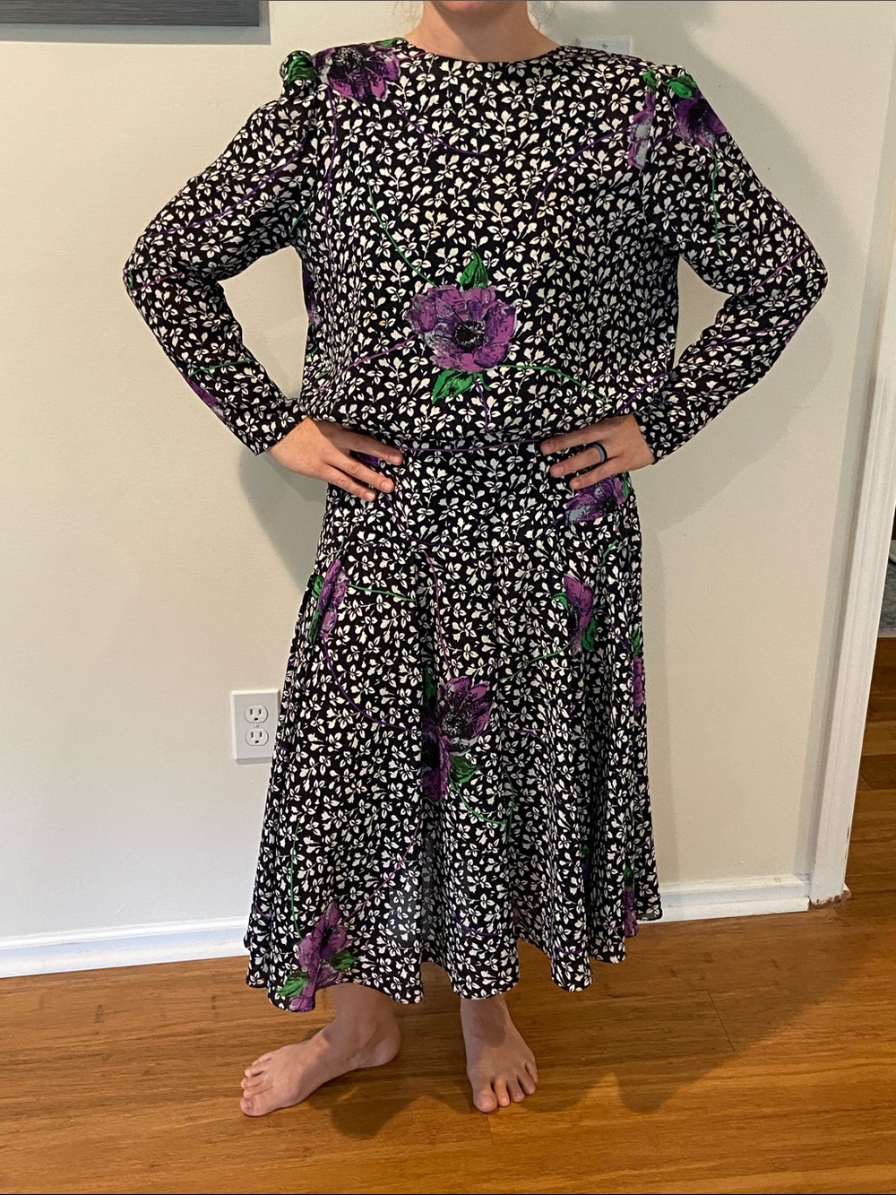 Vintage Kong NY Floral Long Sleeve Drop Waist Midi Dress